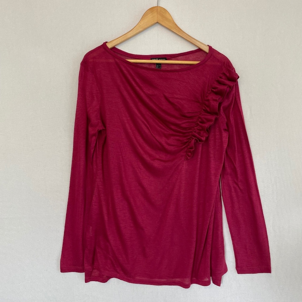 MNG by Mango Women's XL Cranberry Long Sleeve Ruffle Detail Lightweight Top